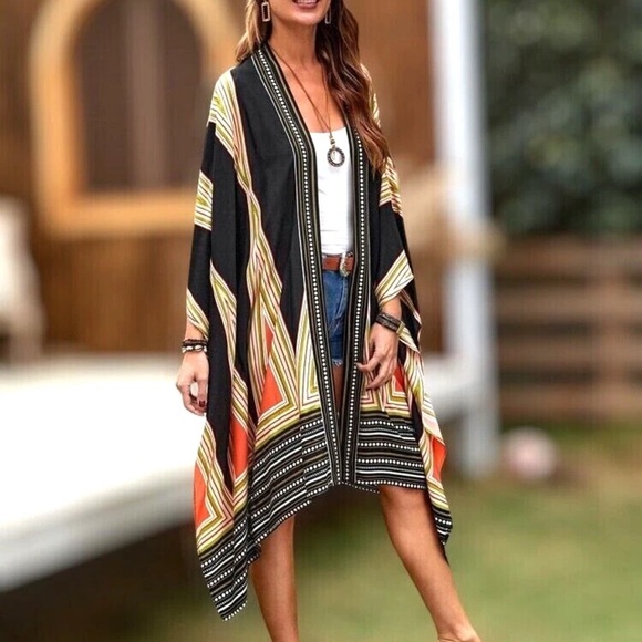 Chic Black and Multicolor Kimono Duster Art Deco Size L - Picture 1 of 11